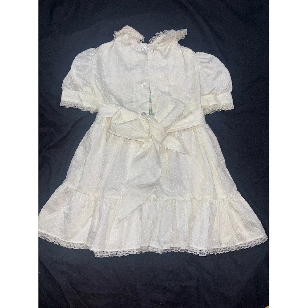 Polly Flinders Girls Dress 2T White Smocked Swiss Dot Pink vintage christening